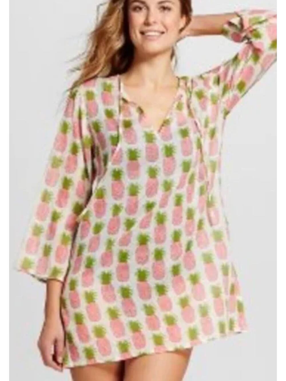 Rock Flower Paper Flora Womens M Pink Pineapple Tunic Beach Cover-up Lightweight